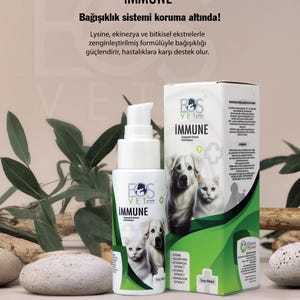 May include: A white bottle and box of EOS Vet Plus Immune, a supplement for pets. The packaging features images of a dog and cat. The text on the bottle and box reads "IMMUNE" and lists ingredients. The website www.eosvet.com is also visible.
