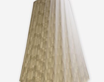 May include: A cream-colored, cone-shaped lampshade with a pleated design. The lampshade has a textured pattern and hangs from a white cord. The overall shape is a truncated cone, suitable for a pendant light.