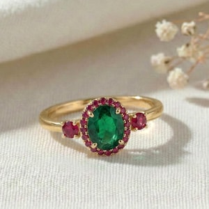 Emerald Ruby Halo Ring for Women, Multi Gemstone Ring, Wedding Band Ring, Statement Ring, Gift for Wife, Anniversary Ring, Gold Silver Ring