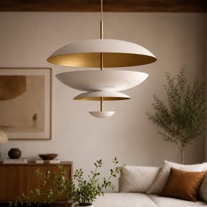 Modern Brass Disc Chandelier, Industrial Hanging Lamp, Statement Pendant Light Fixture