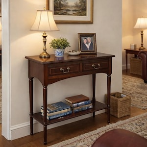 Puede incluir: Una consola de madera oscura con dos cajones y un estante inferior. Una lámpara con una pantalla de color crema se encuentra encima, junto con una pequeña planta en maceta y una fotografía enmarcada. Hay libros en el estante inferior.