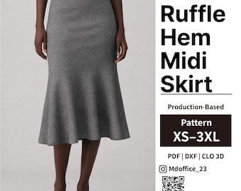 Ruffle Hem Midi Skirt Sewing Pattern | Waistband | PDF, DXF, Clo | Size XS–3XL
