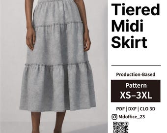 Tiered Midi Skirt Sewing Pattern | Shirred, Elastic Waist | PDF, DXF, Clo | Size XS–3XL