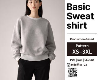 Basic Sweatshirt Sewing Pattern | Crewneck, Rib Hem & Cuffs | PDF, DXF, Clo | Size XS–3XL