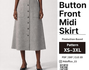 Button Front Midi Skirt Sewing Pattern | Pockets, | PDF, DXF, Clo | Size XS–3XL