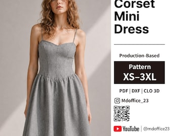 Corset Mini Dress Sewing Pattern | Boned Bodice, Spaghetti Straps (PDF, DXF, CLO 3D)