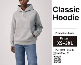 Classic Hoodie Sewing Pattern | Kangaroo Pocket | PDF, DXF, Clo | Size XS–3XL