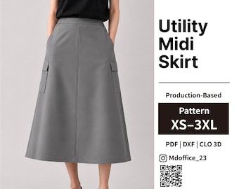 Utility Midi Skirt Sewing Pattern | Cargo Pocket Detail | PDF, DXF, CLO 3D