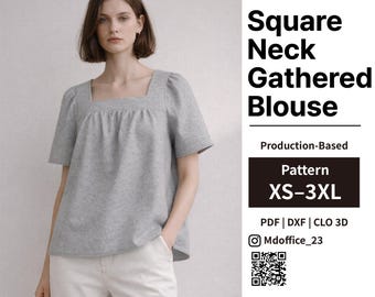 Square Neck Gathered Blouse Sewing Pattern | Short Sleeve (PDF, DXF, CLO 3D)
