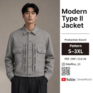 Puede incluir: Una chaqueta gris con cuello, mangas largas y dos bolsillos en el pecho con solapas. El frente presenta pliegues verticales y cierre de botones. El texto a la derecha dice Modern Type II Jacket, Production-Based Pattern S-3XL, PDF | DXF | CLO 3D, Mdoffice_23 y YouTube | @mdoffice23.