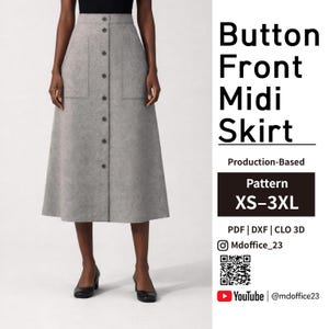 Puede incluir: Una falda midi gris con cierre frontal de botones y dos grandes bolsillos de parche. El texto dice: Button Front Midi Skirt, Production-Based, Pattern XS-3XL, PDF | DXF | CLO 3D, Mdoffice_23 y YouTube @mdoffice23. La falda tiene una silueta acampanada.
