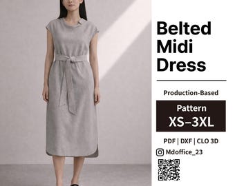 Belted Midi Dress Sewing Pattern | Cowl Neck, Side Slit (PDF, DXF, CLO 3D)