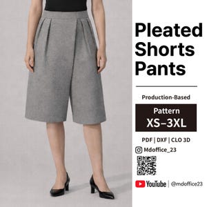 May include: Grey pleated shorts pants with a wrap-style front design. The text on the right reads Pleated Shorts Pants, Production-Based, Pattern XS-3XL, PDF | DXF | CLO 3D, Mdoffice_23, and YouTube @mdoffice23, accompanied by a QR code.
