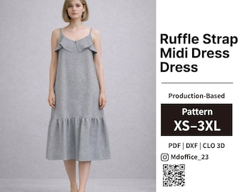 Ruffle Strap Midi Dress Sewing Pattern | Loose Fit, Tiered Hem (PDF, DXF, CLO 3D)