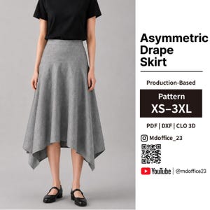 May include: A grey midi skirt with an asymmetric hemline and a high waist, paired with a black short-sleeved top. Text on the right reads Asymmetric Drape Skirt, Production-Based, Pattern XS-3XL, PDF | DXF | CLO 3D, Instagram Mdoffice_23, and YouTube @mdoffice23.