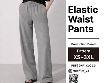 Elastic Waist Pants Sewing Pattern | Drawstring, Side Pockets | PDF, DXF, Clo | Size XS–3XL