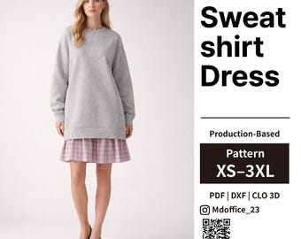 Sweatshirt Dress Sewing Pattern | Layered, Gathered Skirt | PDF, DXF, Clo | Size XS–3XL