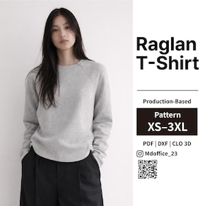 Patrón de costura para camiseta raglán / Cuello redondo, aberturas laterales / PDF, DXF, Clo / Tallas XS–3XL