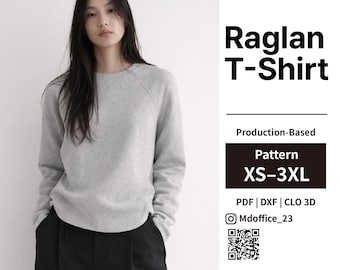 Raglan T-Shirt Sewing Pattern | Crewneck, Side Slits | PDF, DXF, Clo | Size XS–3XL