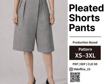 Pleated Shorts Pants Pattern | Side Slit, Clean Structure (PDF, DXF, CLO 3D)