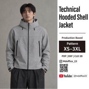Peut inclure: Une veste technique à capuche gris clair avec une fermeture éclair noire sur le devant et des poches latérales zippées noires. Le texte indique : Technical Hooded Shell Jacket, Production-Based, Pattern XS-3XL, PDF | DXF | CLO 3D, Mdoffice_23, YouTube @mdoffice23.