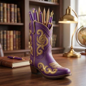 Puede incluir: Un portalápices con forma de bota de vaquero morada con diseño de filigrana dorada. La bota está llena de bolígrafos y lápices. Está sobre un escritorio de madera con un diario encuadernado en cuero y una lámpara de escritorio en el fondo.