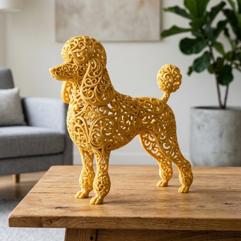 May include: A decorative, golden-yellow poodle figurine with intricate, openwork filigree detailing. The dog is standing on a wooden table, showcasing its elegant design. The sculpture is a unique home decor item.