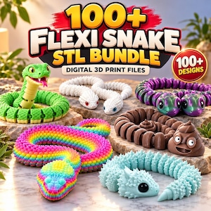 Puede incluir: Una colección de figuras de serpientes articuladas impresas en 3D en varios colores, incluyendo verde, blanco, arcoíris, marrón y azul claro. El texto 100+ FLEXI SNAKE STL BUNDLE DIGITAL 3D PRINT FILES y 100+ DESIGNS aparece arriba.