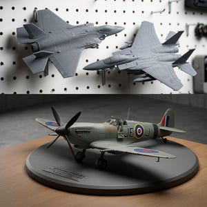 May include: Two gray model fighter jets are mounted on a pegboard. Below, a model airplane with a propeller sits on a gray circular base. The airplane has green, brown, and red accents.