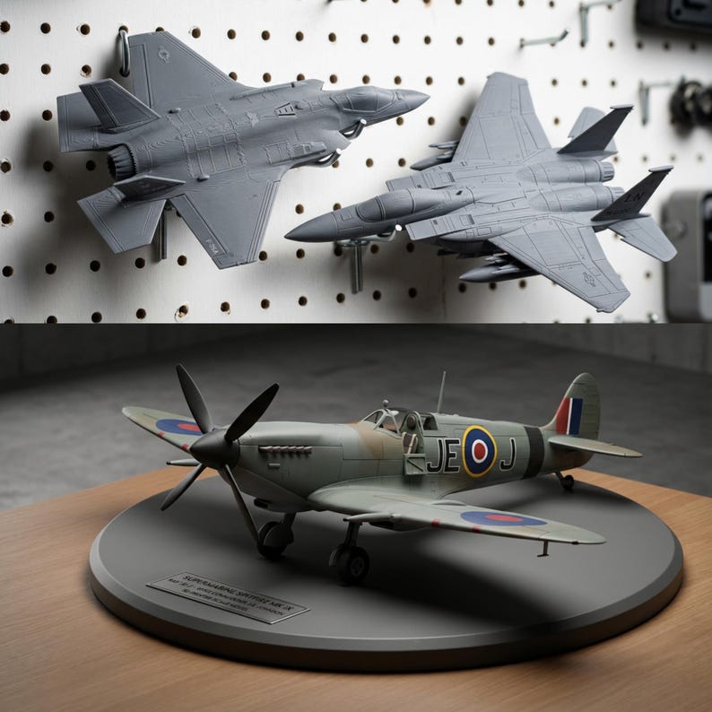 May include: Two gray model fighter jets are mounted on a pegboard. Below, a model airplane with a propeller sits on a gray circular base. The airplane has green, brown, and red accents.
