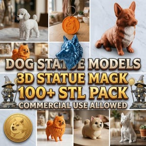以下が含まれることがあります： 犬の像とDogecoinコインのコレクション。像には、白いプードル、コーギー、青いオオカミの頭、柴犬が含まれています。画像には「DOG STATUE MODELS 3D STATUE MAGK 100+ STL PACK COMMERCIAL USE ALLOWED」というテキストも含まれています。