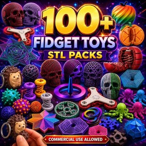 Op de afbeelding: Een verzameling van 100+ fidget toys STL-pakketten met diverse 3D-geprinte objecten zoals schedels, egels, octopussen, geometrische vormen en spinners. De afbeelding toont een verscheidenheid aan kleurrijke plastic items met de tekst 100+ FIDGET TOYS STL PACKS en COMMERCIAL USE ALLOWED.