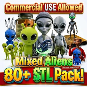 Puede incluir: Una colección de varias figuras alienígenas y modelos 3D, incluyendo pequeñas figuras verdes, un llavero alienígena azul, un alienígena gris con gorro y un alienígena marrón con sudadera roja. El texto dice Commercial USE Allowed, Mixed Aliens, 80+ STL Pack!