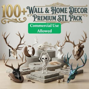 Może przedstawiać: Kolekcja dekoracyjnych elementów ściennych i wyposażenia domu, w tym czaszki jeleni, szkielet ryby i figurka szkieletu. Obraz zawiera tekst "100+ Wall & Home Decor Premium STL Pack" i "Commercial Use Allowed".