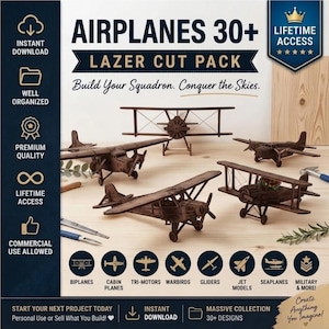 Puede incluir: Un paquete de archivos digitales para diseños de aviones cortados con láser. La imagen muestra varios modelos de aviones de madera ensamblados, incluyendo biplanos y monoplanos. El texto incluye AIRPLANES 30+ LAZER CUT PACK, Build Your Squadron. Conquer the Skies.