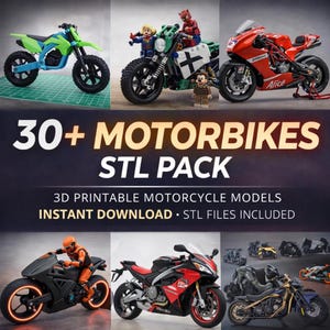 May include: A collection of toy motorbikes in various colors and designs, including a green and blue dirt bike, a red Ducati, and a black motorcycle with orange accents. The image includes the text "30+ MOTORBIKES STL PACK".