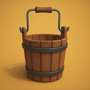May include: A wooden bucket with a dark brown finish, featuring a metal handle and bands. The bucket has a cylindrical shape with vertical wooden slats and a curved handle with a brown grip. The background is a solid orange color.