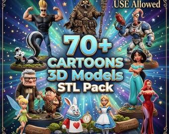 May include: A collection of 70+ cartoon 3D models in an STL pack, featuring various animated characters on circular bases, including a muscular man, a masked figure, a space hero, a skunk, a girl in a blue dress, a rabbit, and a fairy.