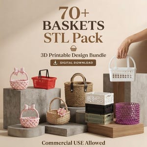 Peut inclure: Un pack numérique de 70+ paniers STL, ensemble de modèles imprimables en 3D à télécharger. L'image présente divers paniers miniatures, notamment des paniers roses avec nœuds, un panier de courses rouge, un panier tressé et des caisses empilées.