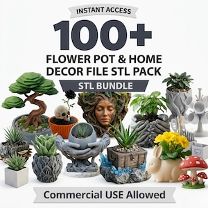 Puede incluir: Una colección de macetas e artículos de decoración para el hogar impresos en 3D. La imagen incluye varios diseños, como un bonsái, una calavera en una maceta, una escultura de rostro y una maceta con forma de conejo. El texto en la imagen dice "100+ Flower Pot & Home Decor File STL Pack" y "Commercial USE Allowed."