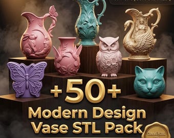 Modern Vase STL Bundle, 50+ 3D Printable Home Decor Files, Cat Owl Swan Butterfly Planter Designs