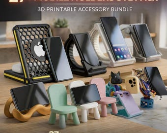 Può includere: Una collezione di supporti per telefoni cellulari stampati in 3D in vari design, tra cui uno stile a nido d'ape nero e giallo, sedie in miniatura e altre forme uniche. L'immagine include il testo "27+ MOBILE HOLDERS STL PACK" e "27+ STL FILES INCLUDED".