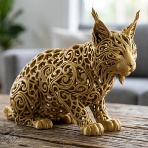 May include: A gold-colored, decorative lynx sculpture with an openwork design. The sculpture features intricate swirling patterns throughout its body, ears, and face. The lynx is posed in a seated position on a wooden surface.