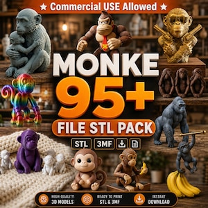 May include: A collection of monkey figurines in various styles and colors, including a rainbow-colored monkey, a purple monkey, and a gold monkey with sunglasses. The image also includes the text "MONKE 95+ FILE STL PACK".
