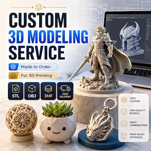 Könnte beinhalten: Werbebild für individuelle 3D-Modellierungsdienste. Es zeigt eine 3D-gedruckte Figur, einen Drachenschlüsselanhänger und einen dekorativen Sukkulententopf. Der Text lautet "CUSTOM 3D MODELING SERVICE" und hebt die Auftragsfertigung und den 3D-Druck hervor. Enthält STL-, OBJ- und 3MF-Dateiformate.