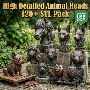 120+ Animal Head Busts STL Pack | High Detail Horse Cat Dog Wolf Bear Wall Mount | Gothic Dark Academia Decor Commercial Use