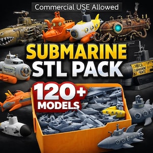 May include: An assortment of toy submarines in various colors and designs, including yellow, orange, gray, and brown. The image features the text "SUBMARINE STL PACK" and "120+ MODELS". The submarines have different features, such as propellers, periscopes, and weaponry.