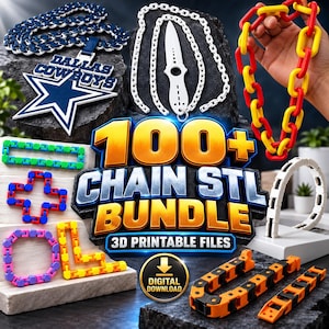 May include: A digital collection of 3D printable chain designs featuring various styles including a Dallas Cowboys star pendant, a white chain with a knife charm, a red and yellow link chain, and several colorful articulated plastic chains.