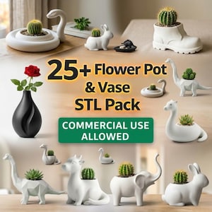Könnte beinhalten: Eine Sammlung weißer Keramik-Blumentöpfe und -Vasen in verschiedenen Tierformen, darunter eine Schlange, ein Kaninchen, ein Dinosaurier, ein Schwan, eine Kuh und ein Elefant. Das Bild zeigt auch eine schwarze Vase mit einer roten Rose und den Text "25+ Flower Pot & Vase STL Pack".