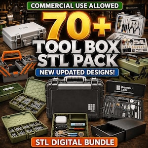 May include: A digital collection of 70+ tool box STL files for 3D printing. The image displays various storage containers, including hard-shell cases, cantilever tool boxes, and compartment organizers filled with hardware, tools, and small items.
